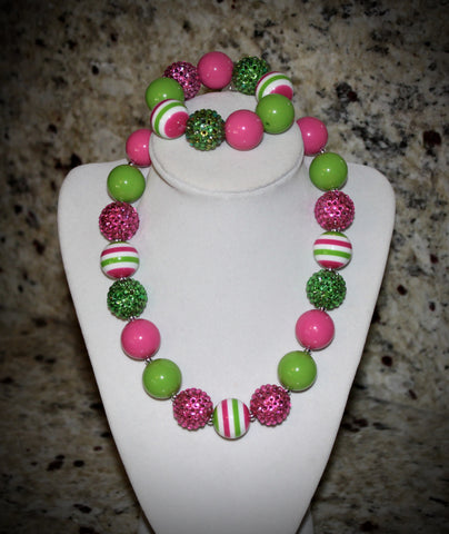 Watermelon Pink and Lime Green Girls Chunky Bubblegum W/ rhinestone beads