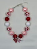 Valentines Day Double Heart Girls Chunky Bubblegum Necklace/Bracelet Set  Red, Pink and White