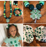 St. Patricks Day Shamrock Girls Chunky Bubblegum Necklace w/ rhinestone beads