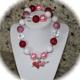 Valentines Day Double Heart Girls Chunky Bubblegum Necklace/Bracelet Set  Red, Pink and White