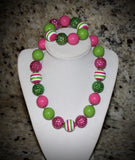 Watermelon Pink and Lime Green Women's Chunky Bubblegum Necklace w/ rhinestone beads