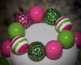 Watermelon Pink and Lime Green Women's Chunky Bubblegum Necklace w/ rhinestone beads
