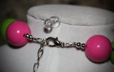 Watermelon Pink and Lime Green Women's Chunky Bubblegum Necklace w/ rhinestone beads