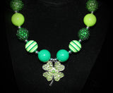 St. Patricks Day Shamrock Girls Chunky Bubblegum Necklace w/ rhinestone beads