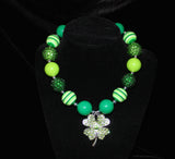 St. Patricks Day Shamrock Women's Chunky Bubblegum Necklace w/ rhinestone beads