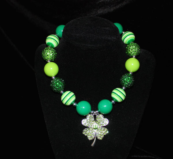 St. Patricks Day Shamrock Women's Chunky Bubblegum Necklace w/ rhinestone beads