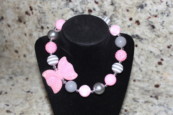 Gray and Pink Polka dot Bow Necklace/ Bracelet set for children