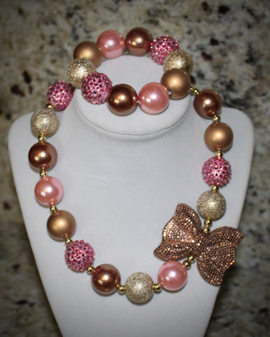 Pink and Gold Bow Necklace/ Bracelet set with gold and pink beads for children