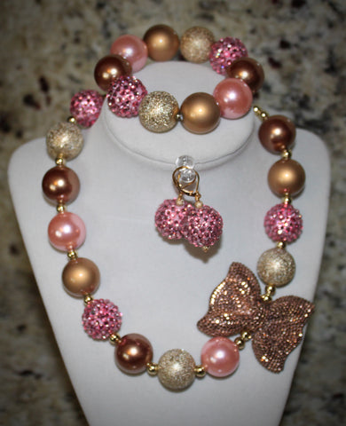Pink and Gold Bow Necklace/ Bracelet set with gold and pink beads for adults