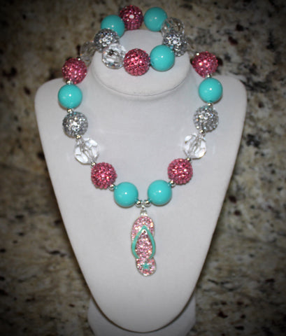 Flip Flop Sandle Chunky Bubblegum Necklace w/ rhinestone beads for adults