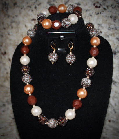 Adult Leopard animal print Necklace/ Bracelet set with brown and gold beads for adults