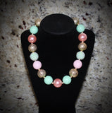 Pink, mint green and gold Girls Chunky Bubblegum Necklace w/ rhinestone beads