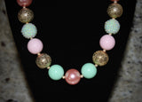 Pink, Mint green and Gold Women's Chunky Bubblegum Necklace w/ rhinestone beads