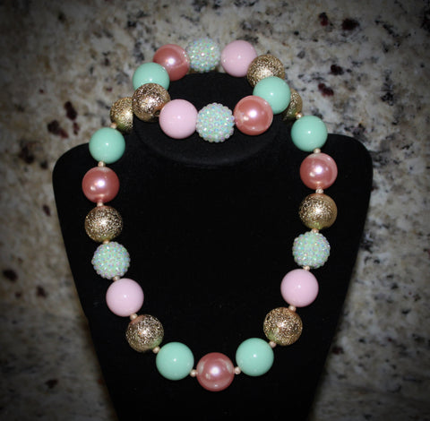 Pink, Mint green and Gold Women's Chunky Bubblegum Necklace w/ rhinestone beads