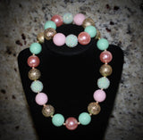 Pink, mint green and gold Girls Chunky Bubblegum Necklace w/ rhinestone beads