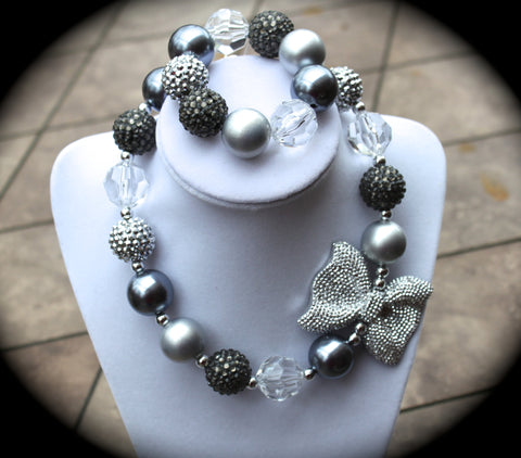 Silver Bow Necklace/ Bracelet set with gray and silver rhinestones for adults