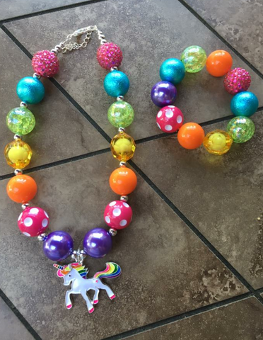 Unicorn Rainbow Girls Chunky Bubblegum Necklace and Bracelet